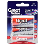 Great Value Heavy Duty Batteries, D, 2 Count