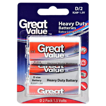 Great Value Heavy Duty Batteries, D, 2 Count