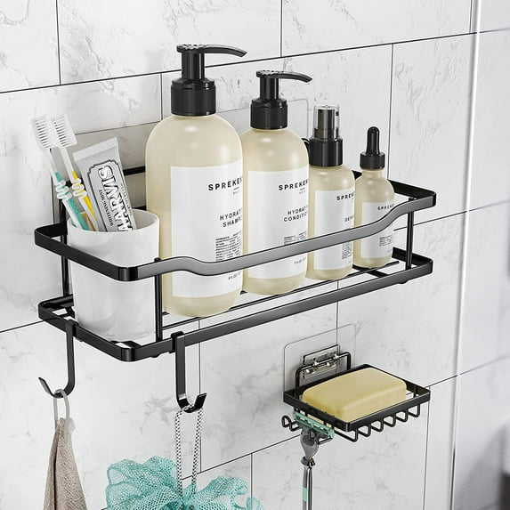 Happylost Shower Caddy, Adhesive Shower Organizer, No Drilling Shower Shelf, Rustproof 304 Stainless Steel Shower Rack With Soap Dish for Bathroom Storage, 2 pack, Matte Black