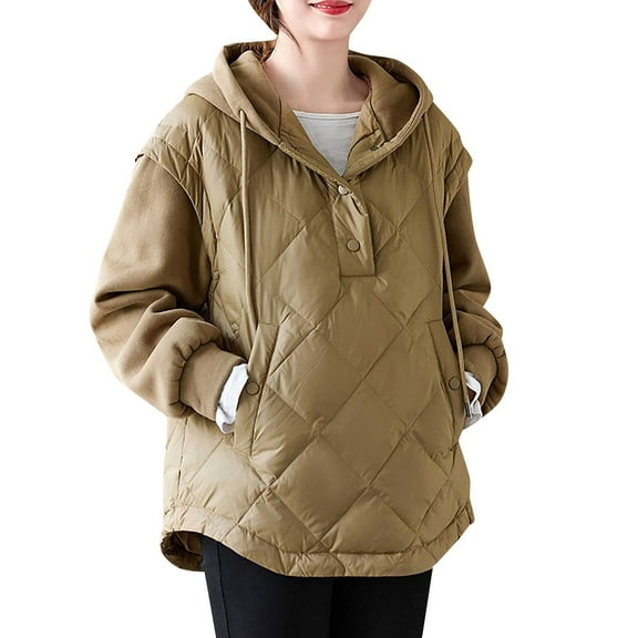 Women's Oversized Puffer Jacket Quilted Dolman Hoodies Pullover Long Sleeve Lightweight Warm Hooded Tops Winter Coat (L, Khaki)