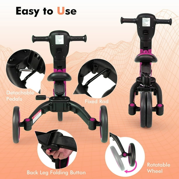 Gymax 4 in 1 Kids Tricycle Foldable Toddler Balance Bike with Parent Push Handle Pink Walmart