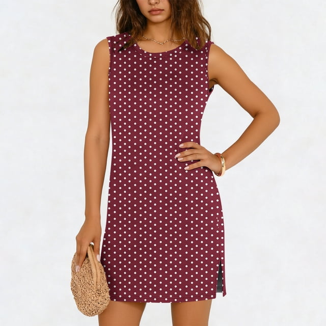 TaTaai Women's Casual Pullover Dress Sleeveless Round Neck Solid Color Slip Dress with Side Slit Lightweight Stretchy Summer Wear Gift