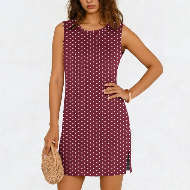 TaTaai Women's Casual Pullover Dress Sleeveless Round Neck Solid Color Slip Dress with Side Slit Lightweight Stretchy Summer Wear Gift