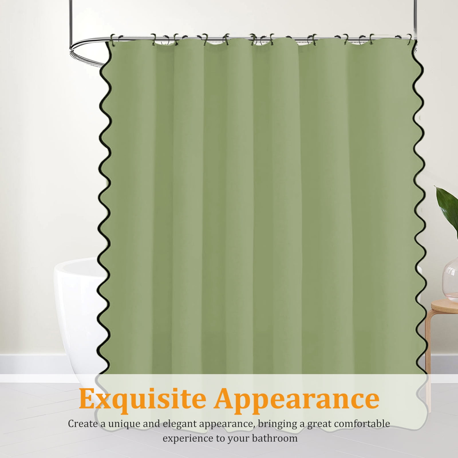 Dznils Black Scalloped Boho Shower Curtain with Hooks, Water-Repellent Thick Linen Fabric Bathroom Curtain, Green, 72" x 72"