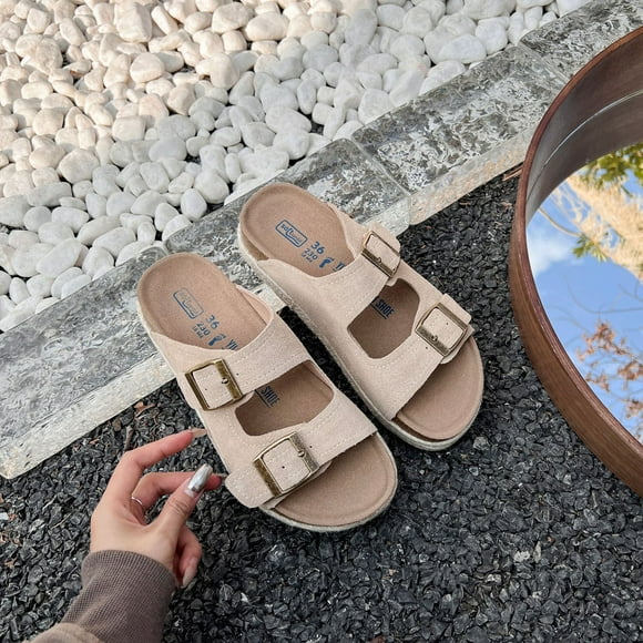 2024 Summer Women‘s Two Buckle Platform Cork Slippers Cow Suede Leather Flats Sandals For Women Retro Garden Mule Clog Slides