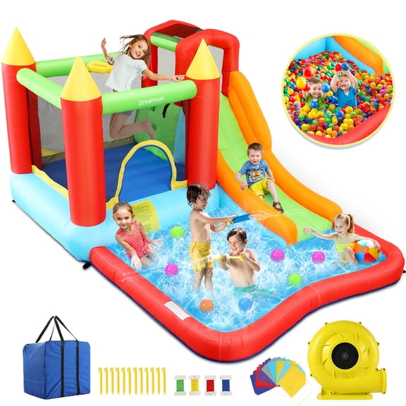 Qhomic Bounce House with Blower Indoor/Outdoor Bouncy House Slides, Climbing Wall, Ball Pit, Jumping Area, Shoot All in One Inflatable Bounce Castle for Kids 3-10