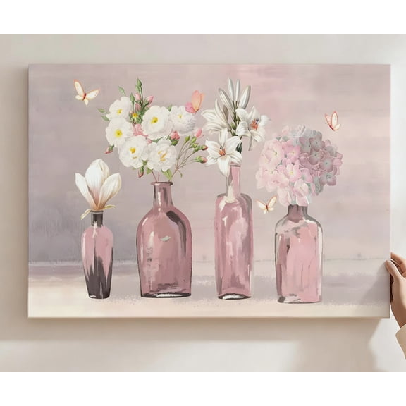 Pink Glass Bottles Floral Canvas Wall Art, Blush Pink Flower & Butterfly Decor, Modern Botanical Artwork For Bedroom, Bathroom, Living Room, Ready To Hang 8*12inch(20*30cm)