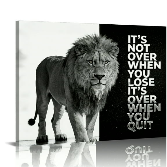 Hidden Frame Canvas Wall Art - Black & White Lion "It's Not Over When You Lose" Inspirational Popular Wall Decor for Living Room & Study 16x12in
