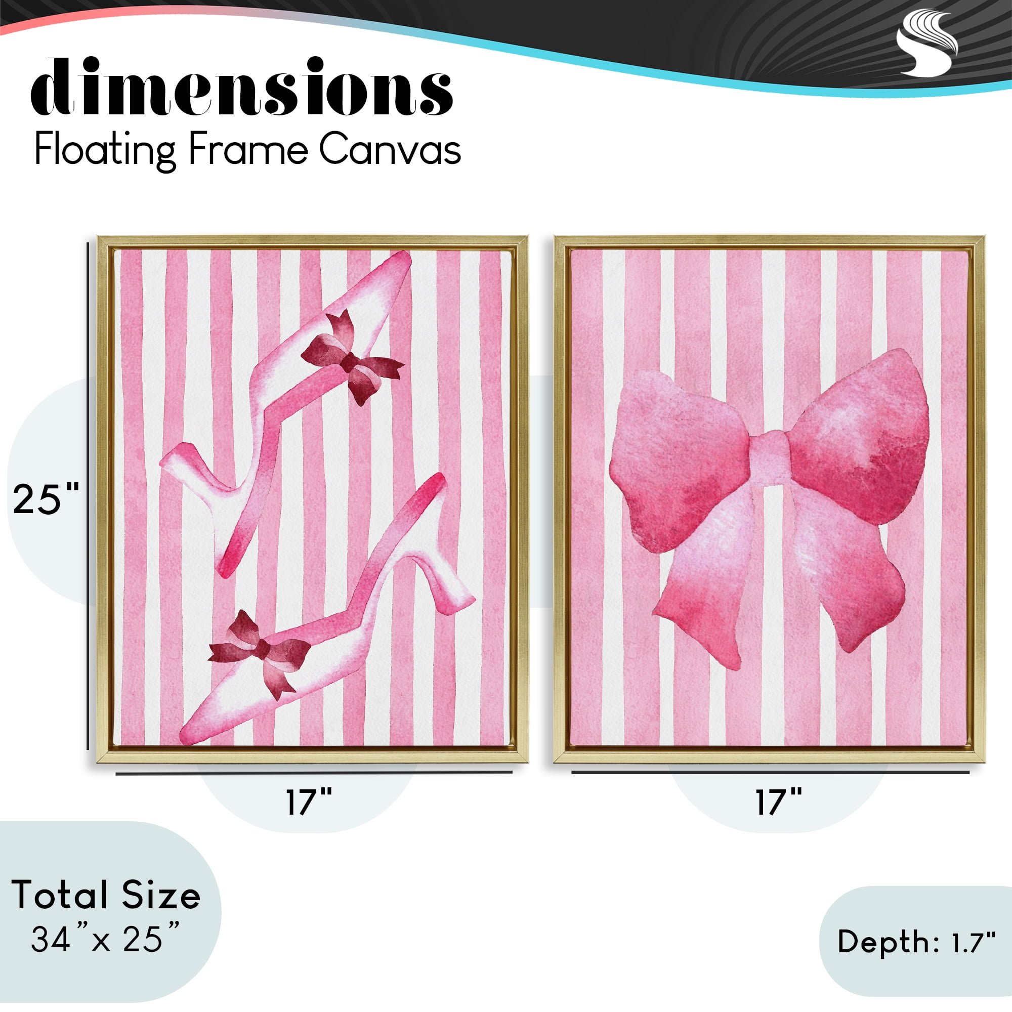 Stupell Industries Feminine Chic Bows Pink Stripes 2 Piece Gold Framed Floater Canvas Set, design by Camila Juncos