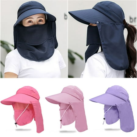 Walbest Women Sun Wide Brim UV Protection Fishing Hat Foldable Ponytail Summer Hat with Detachable Flap Breathable Face Neck Flap Cover Folding Sun Hat