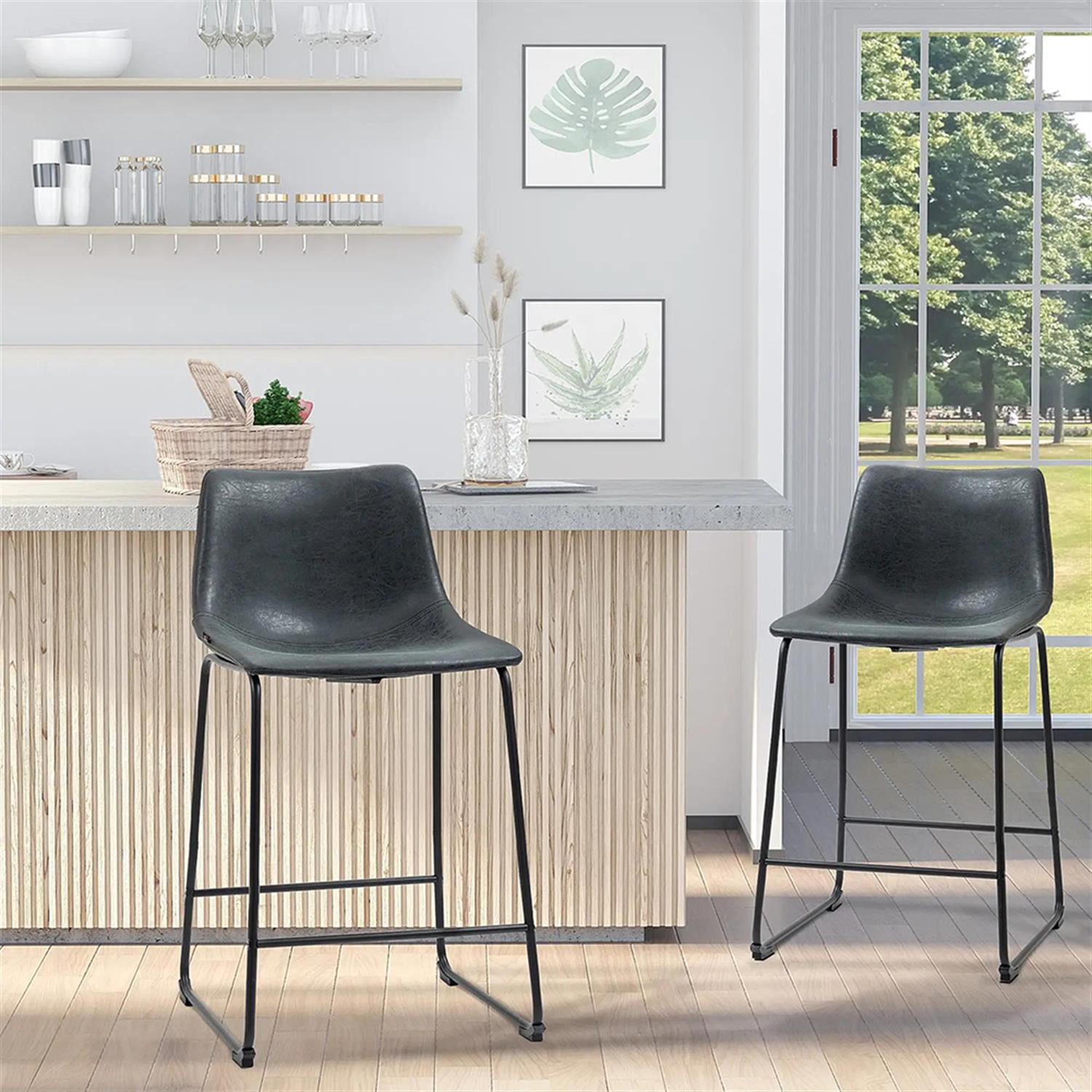 Demi Bonn Modern Counter Bar Stool Set of 2, Vintage PU Leather Bar Height Stool with Back and Steel Legs for Kitchen, Dinning Room, Black