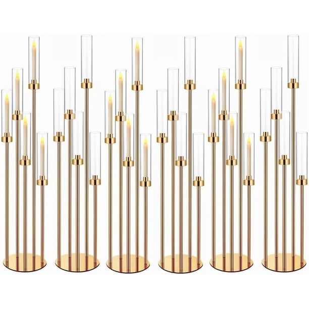 Candelabros dorados de 42.5 pulgadas para centros de mesa, portavelas decorativos, centro de mesa para bodas, set de 6 candelabros de 5 brazos con pantallas de acrílico compatibles con velas LED de