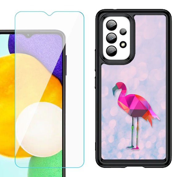 Shockproof Bumper (Black Frame) phone Case for Samsung Galaxy A23 5G, with Tempered Glass Screen Protector, by OneToughShield ® - Flamingo / Polygon