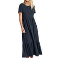thumbnail image 4 of Kmbangi Femmes Col Rond Swing Longue Robe, Élégante Robe à Manches Courtes Solide Robe d'Été en Vrac avec Poches, 4 of 6