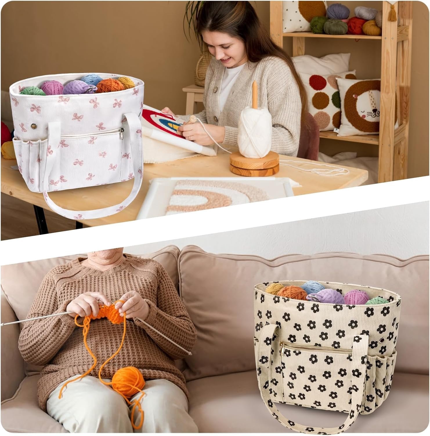 Crochet Bag, Corduroy Tote Bags with  Holders Grommets, Large Capacity Four Compartment Yarn Storage for Women