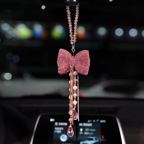 HIBIBUD Cute Bow Pendant With Crystal Beaded Charms For Rear View Mirror Car Interior