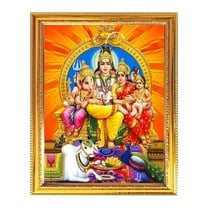 Lord Mahadev Parivar Indian God Photo With Golden Frames for Pooja And Wall Gift House Warming Office Living Room Table Temple 7.8 X 11.4