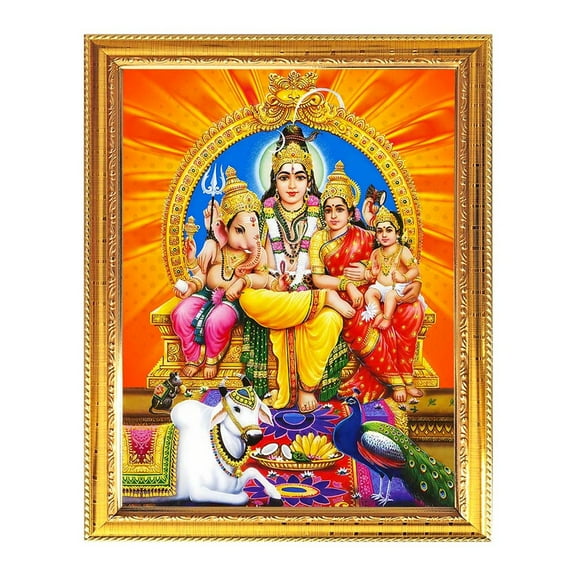 Lord Mahadev Parivar Indian God Photo With Golden Frames for Pooja And Wall Gift House Warming Office Living Room Table Temple 7.8 X 11.4