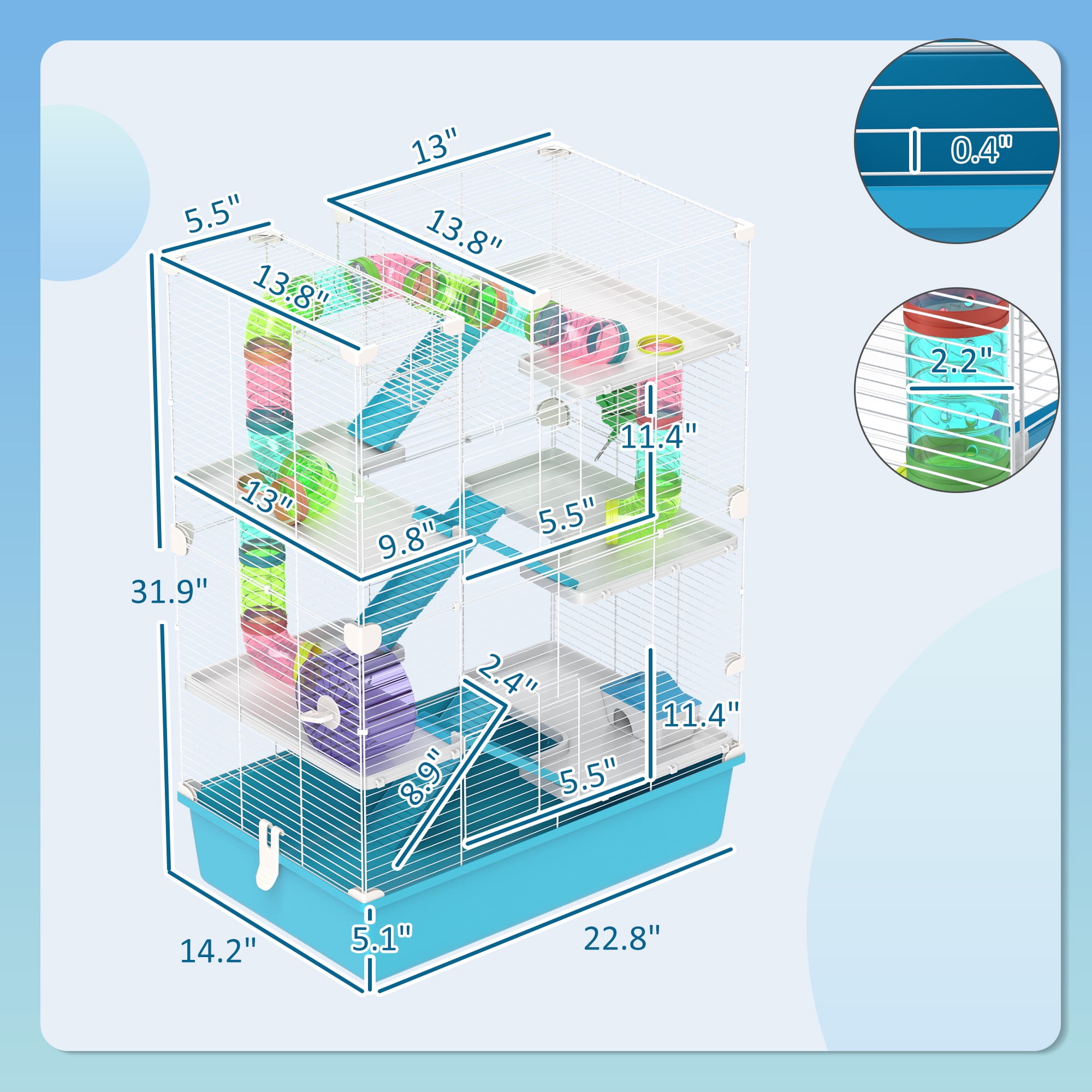 PawHut 32" Hamster Cage, 6 Tier Small Animal Cage with Tubes and Tunnels, Hut, Wheel, Food Dish, Water Bottle, Ramps, for Dwarf & Gerbil, Light Blue