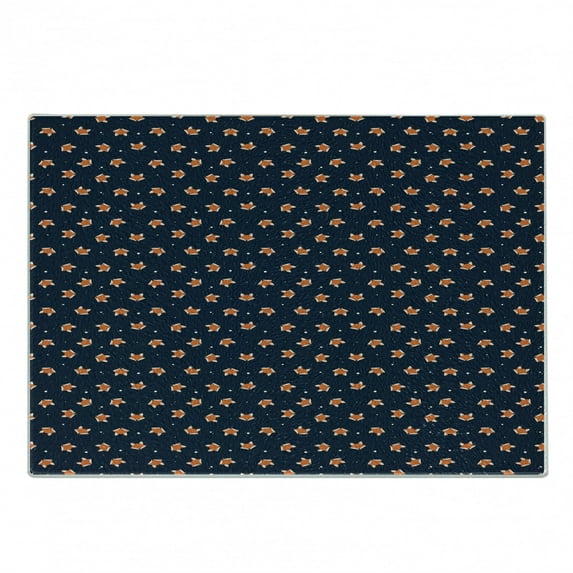 Fox Cutting Board, Orange Small Forest Animal Portraits Pattern on Abstract Dotted Blue Backdrop, Decorative Tempered Glass Cutting and Serving Board, Small Size, Navy Blue Orange, by Ambesonne