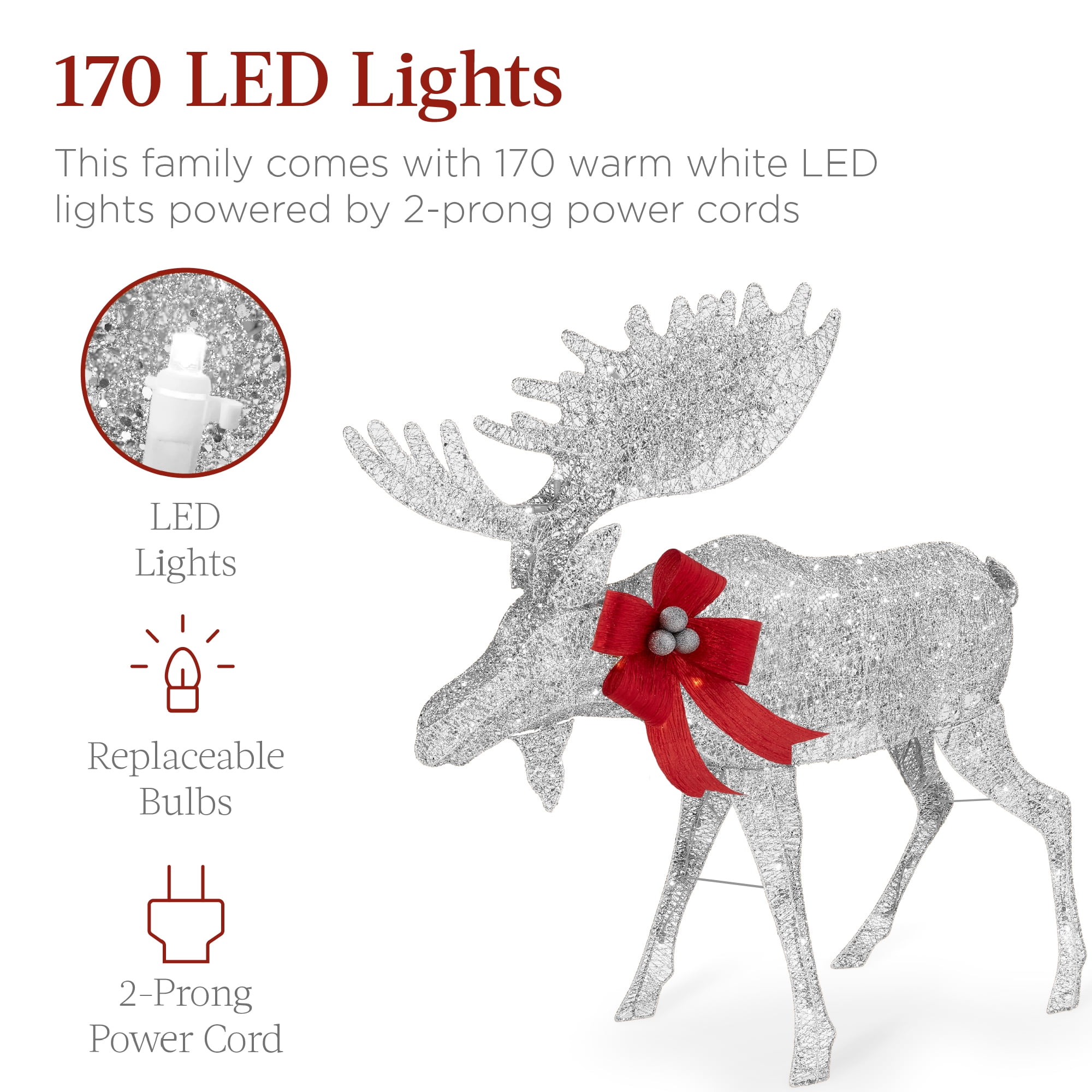 Best Choice Products 2-Piece Moose Family Lighted Christmas Yard Decor Set w/ 170 LED Lights, Stakes, Zip Ties - Silver