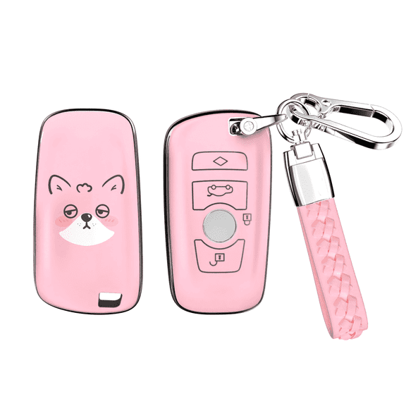 Soopcase for BMW Key Fob Cover, Soft TPU Key Protector Case with Leather Keychain Compatible with BMW 1 3 4 5 6 7 X1 X3 X4 X5 X6 M3 M5 M6 GT3 GT5 Series (Pink,4 Buttons)