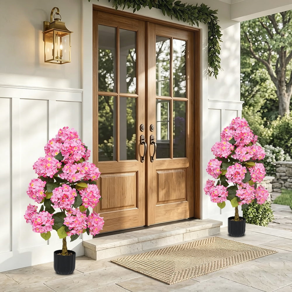2Sets-3Ft Simulation Hydrangea Tree, Equipped with Realistic Pink Hydrangea Flowers and Evergreen Leaves, Suitable for Indoor and Outdoor Bonsai and Artificial Flower Decoration