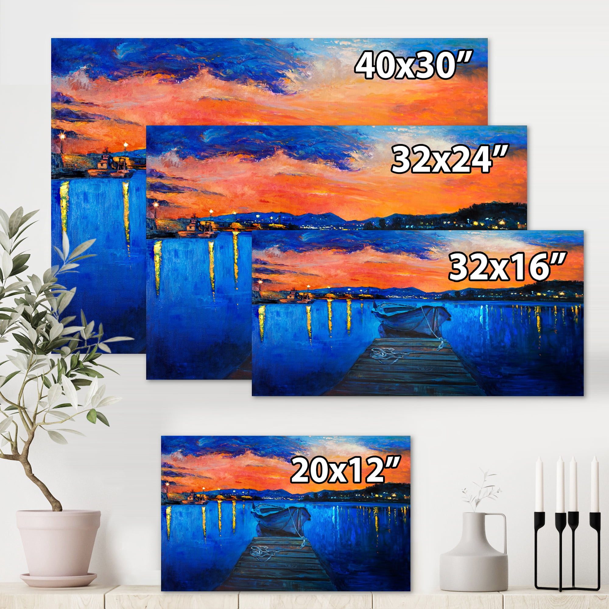 Designart ' Boats During Warm Sunset Resting On The Water III ' Nautical & Coastal Canvas Wall Art Print