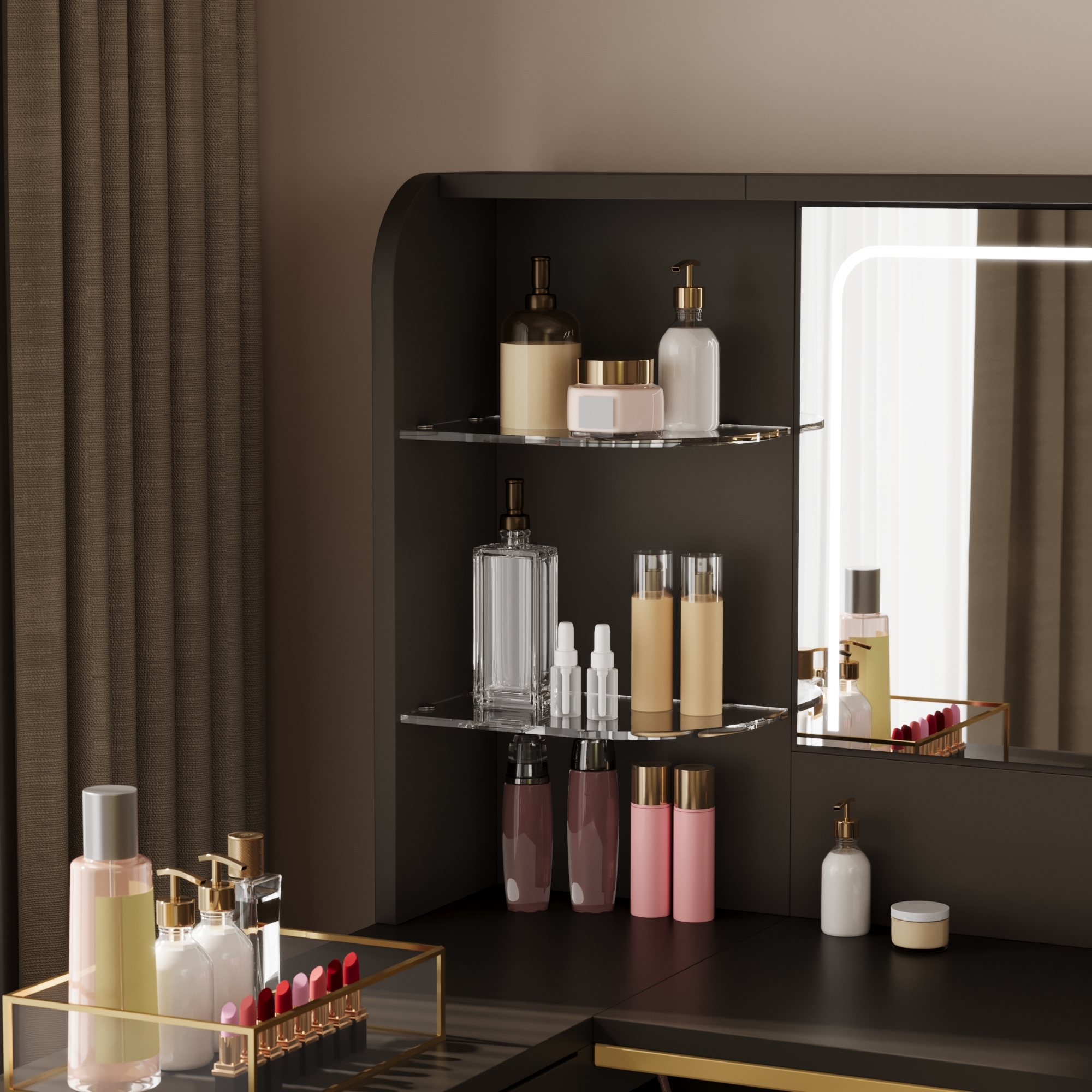 Uforic Black Corner Makeup Vanity Desk Set with Stool, LED Mirror, Glass Drawers