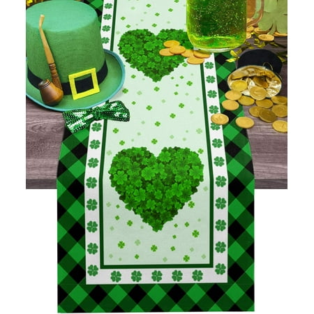 

St Patricks Day Table Runner Green Dresser Scarves Shamrock Hearts Cotton Linen Green Buffalo Check Plaid Non-Slip Dinner Runners for Holiday Party Decoration 13x90in