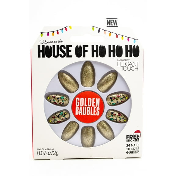 Elegant Touch House of Ho Ho Ho Golden Baubles with Free Stickers: 24 Pack Nails 10 Sizes, Glue