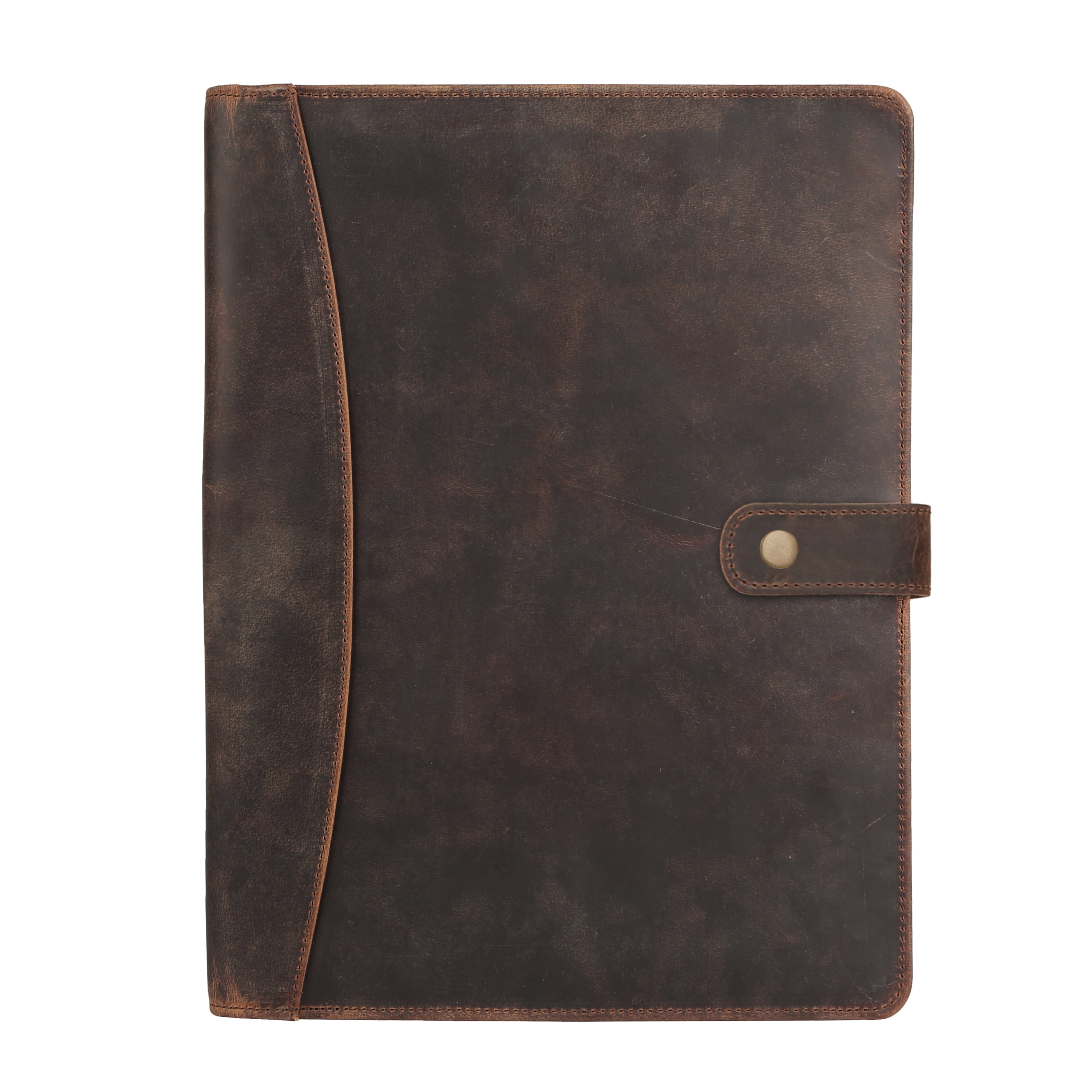 Full-Grain Leather Portfolio Folder with Button Closure, Legal Pad Holder, Card Slots, and Document Pockets, Distressed Tan
