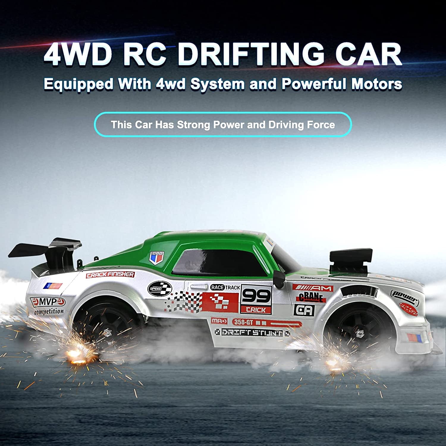 High Speed RC Drift Car for Boys, 2.4GHz 1:16 Scale 4WD 18KM/H Radio Control Cars with LED Lights, Blue Gray