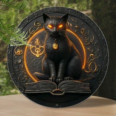 1pc 2D Aluminum Metal Flat Sign, Art Deco Black Cat Theme Round Wreath, 8x8 Inch, Wall Hanging, with Multipurpose Use, No Electricity Required, Coffee Halloween, Christmas Gift