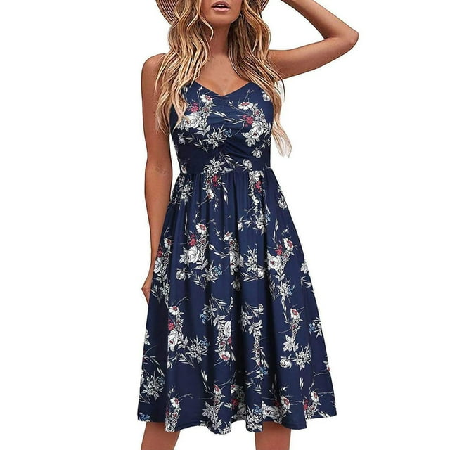 Aqestyerly Robe d'Été Décontractée Sans Manches à Col en V pour Femme avec Bretelles, Design Imprimé pour Vacances au Bord de la Mer HWRETIE