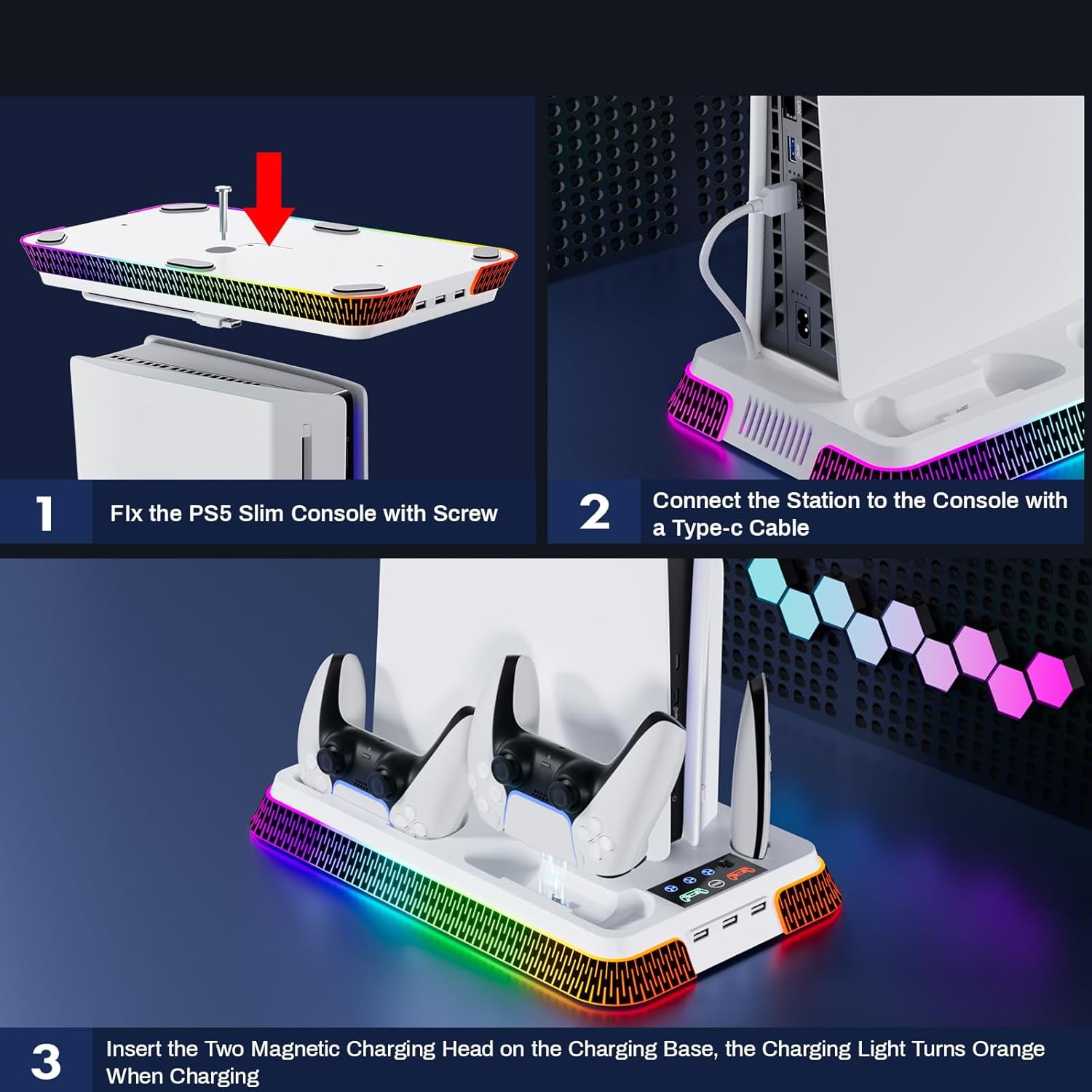 PS5/Pro/Slim Stand and Cooling Station with Controller Charging Station, 3-Level Cooling Fan, Dual PS5 Controller Charger, Headset Holder, Game Storage for PlayStation 5 Digital/Disc Console