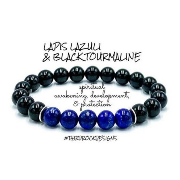 Natural Lapis Lazuli & Black Tourmaline 8mm Round Shape Smooth Cut Beads Stretchable Bracelet for Men & Women.