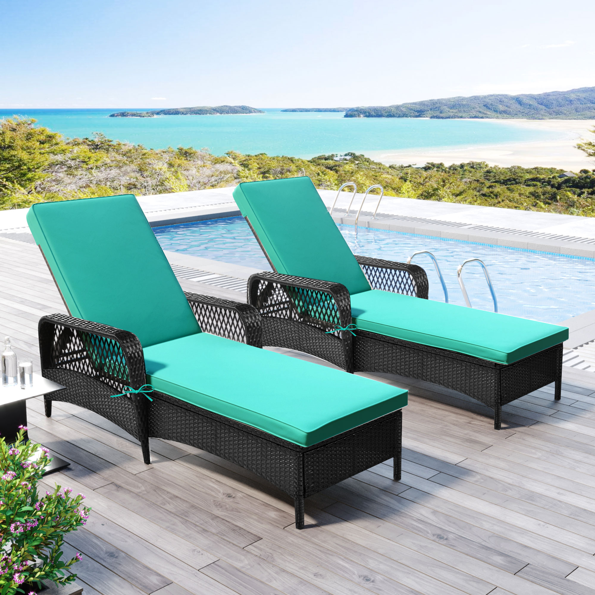 SESSLIFE 2 PCS Patio Lounge Chair Rattan Chaise Lounge Chair with Adjustable Backrest Thickened Cushion, PE Rattan Steel Frame Outdoor Reclining Chaise for Patio Backyard Porch Garden Poolside - image 1 of 9