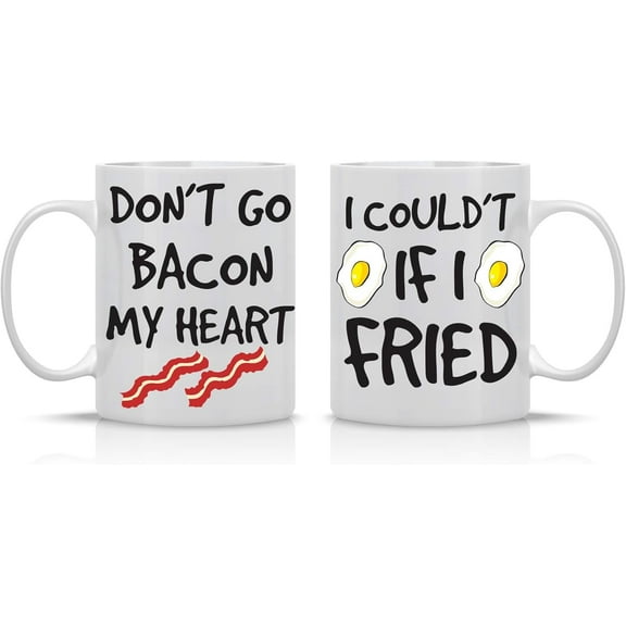 Don't Go Bacon My Heart, Could't If I Fried - Funny Couple Mug - (2) 11OZ Coffee Mug - Funny Mug Gift Set - Mugs For Husband and Wife His And Her Gifts