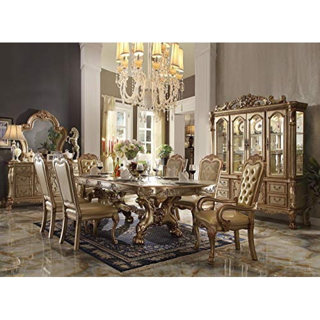 ACME Dresden Dining Table with Trestle Pedestal - - Gold Patina & Bone