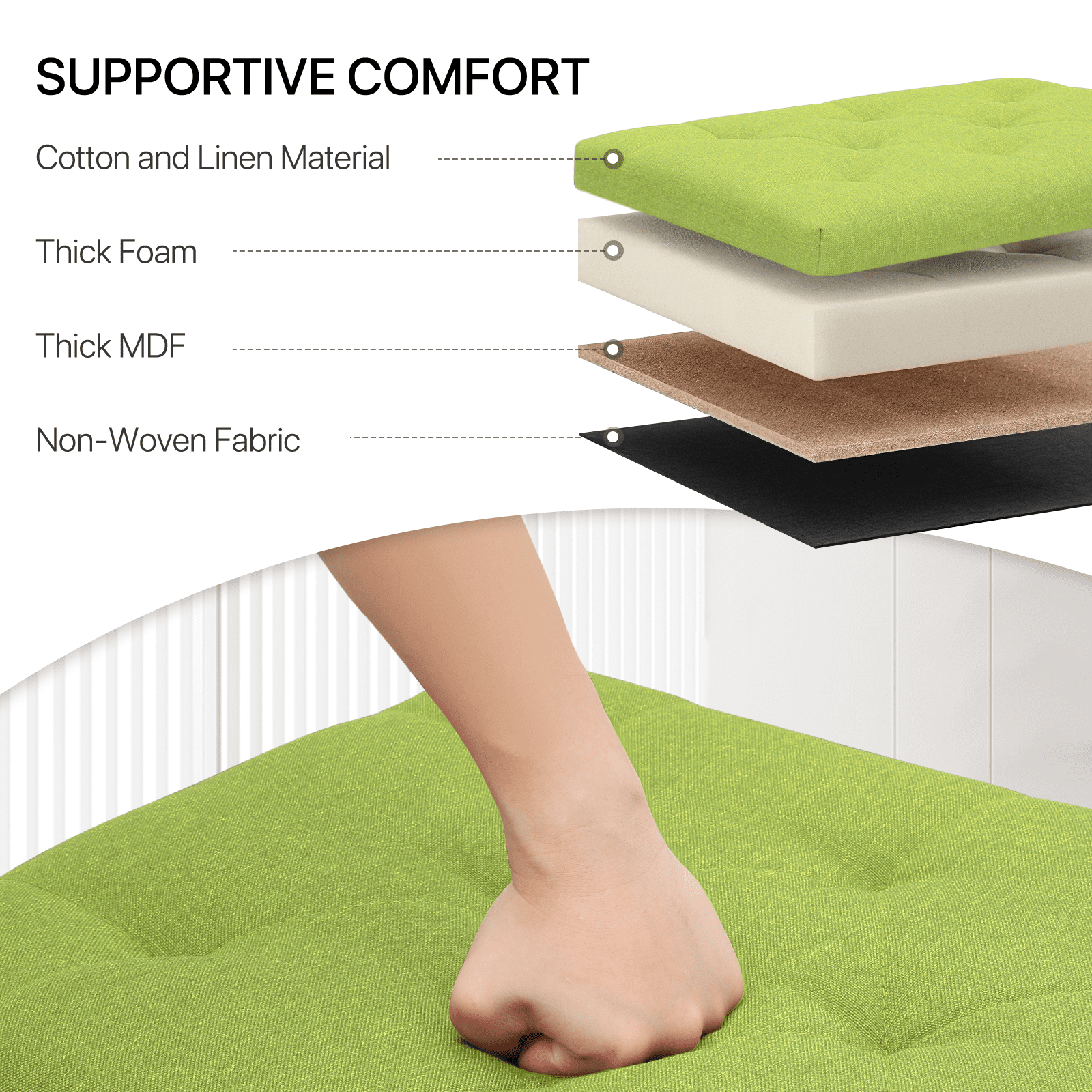MoNiBloom Modern Microfiber Upholstered Square Ottoman with Wooden Legs, Button Tufted Storage Footrest Footstool for Living Room Bedroom, Green