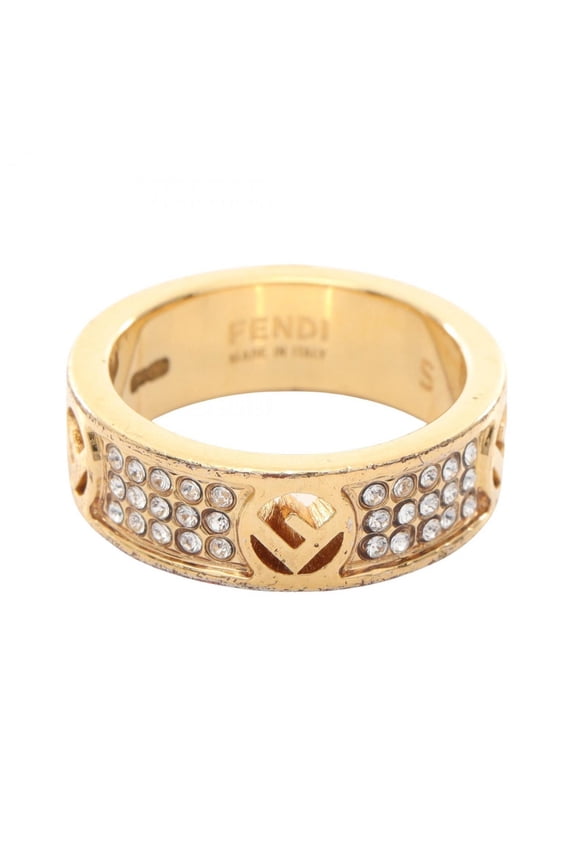 Pre-Owned FENDI F logo ring with gold-plated rhinestones, available in gold and clear. (Fair)