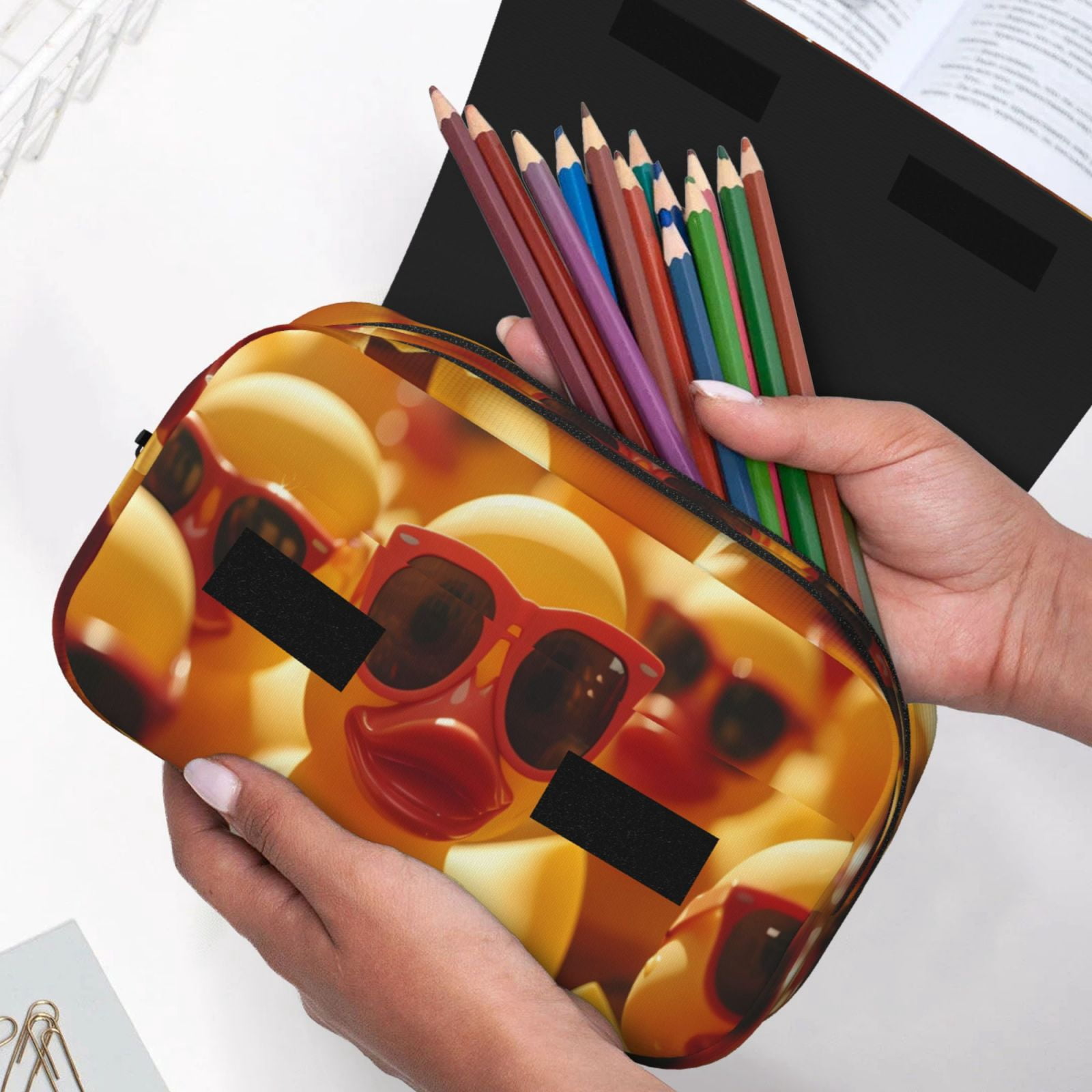 Rateoe Sunglasses Yellow Duck Pattern Double Clamshell Pen Case, Storage Organizer with Two Zipper Compartments– Holds Up to 50 Pencils & Pens
