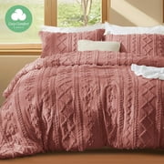 Cozy Comfort Tufted Boho Comforter Set, 3 Pieces Farmhouse Shabby Chic Embroidery Bed Set, Soft Jacquard Comforter for All Seasons,Queen,Brick Dust
