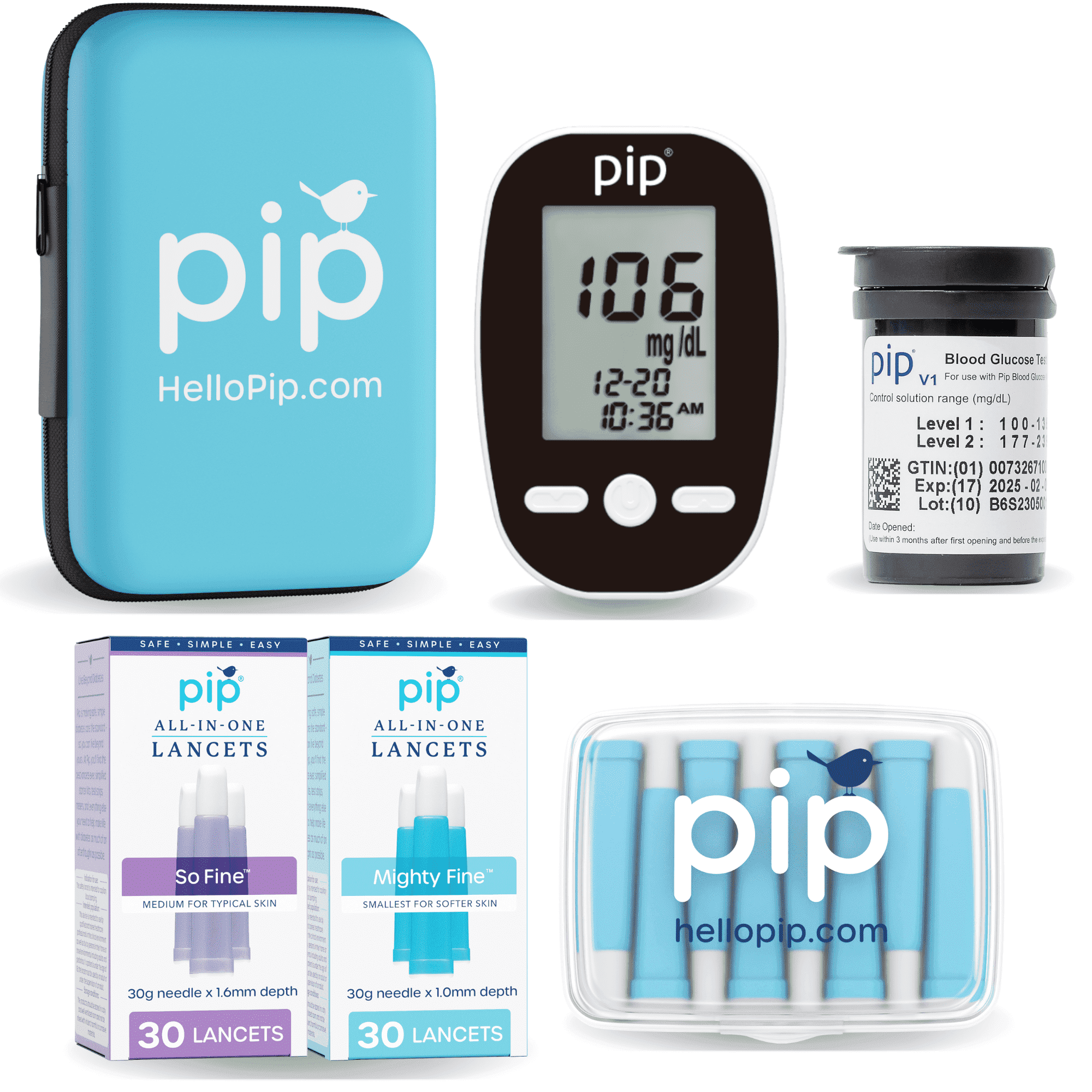 Pip Blood Glucose Monitor Kit, Diabetes Test Kit with Meter, 50 Test Strips and 50 Lancets