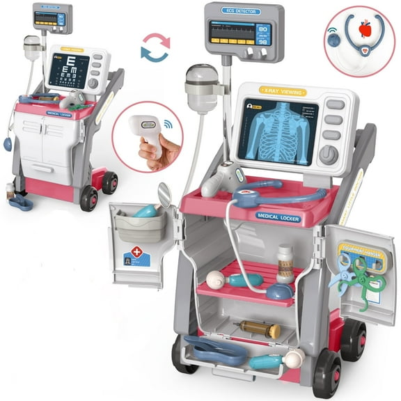 Freecat Kids Medical Cart Kit Toys for Kids Toddlers 2 3 4 5 Years, Pretend Play Doctor Dentist Cart Toys for Boys Girls, Birthday Christmas Gift for Toddlers Ages 2-4 3-5.(Red)