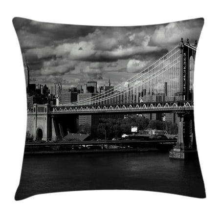 New York Throw Pillows New York Throw Pillow Cushion Cover, Black and White Panorama of New York City Skyline with Focus on Manhattan Bridge Photo, Decorative Square Accent Pillow Case, 16 X 16 Inches, Grey, by Ambesonne ()