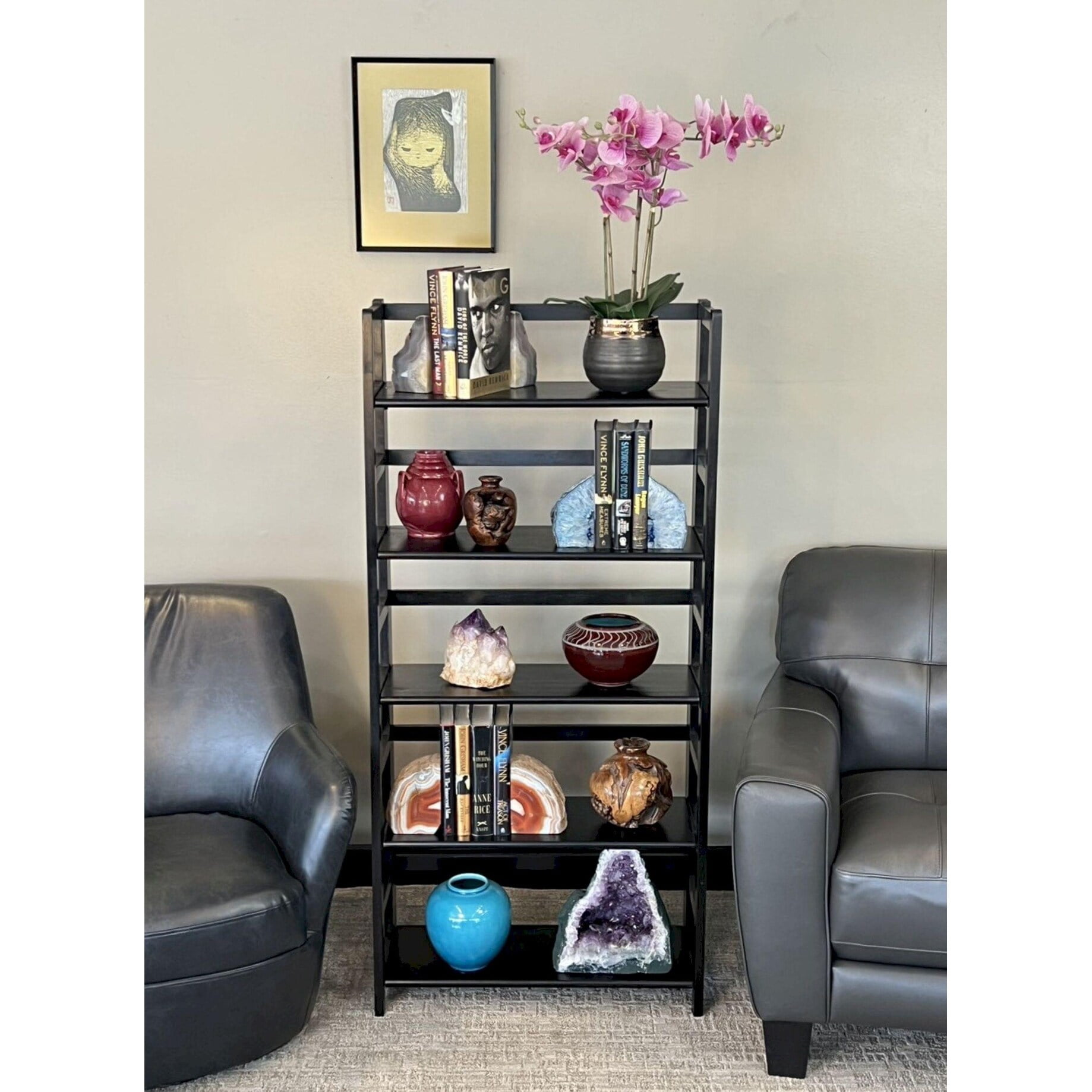 Solid Acacia 5 Tier Folding Bookcase Mahogany