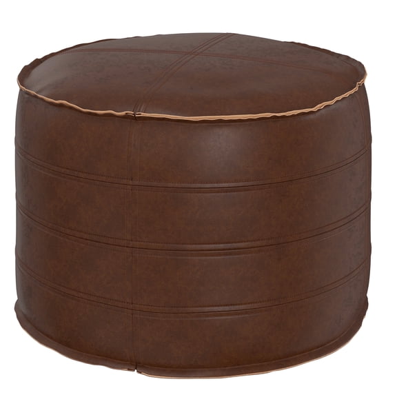 Simpli Home Brody 20 inch Wide Boho Round Pouf in Distressed Dark Brown Vegan Leather