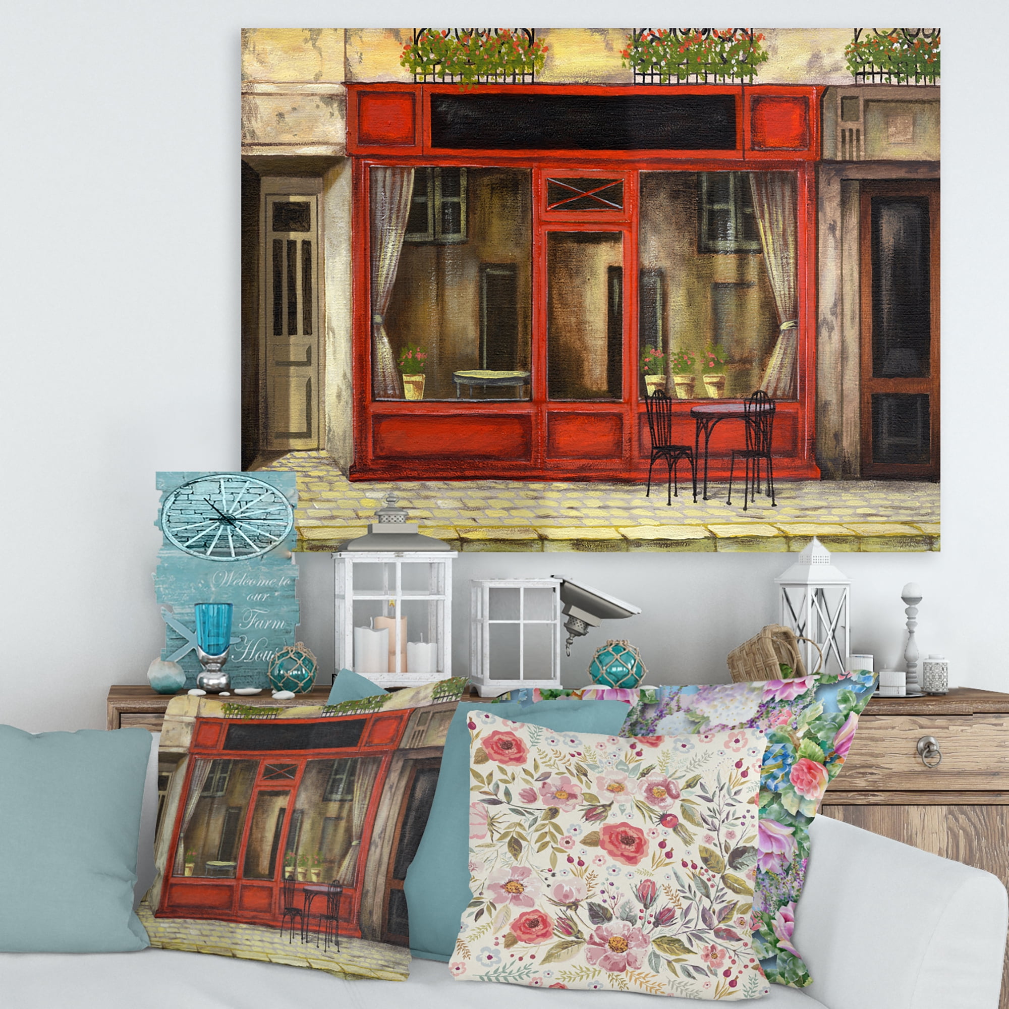 Red Facade of Charming Shop In Paris Street I 12 in x 8 in Painting Canvas Art Print, by Designart